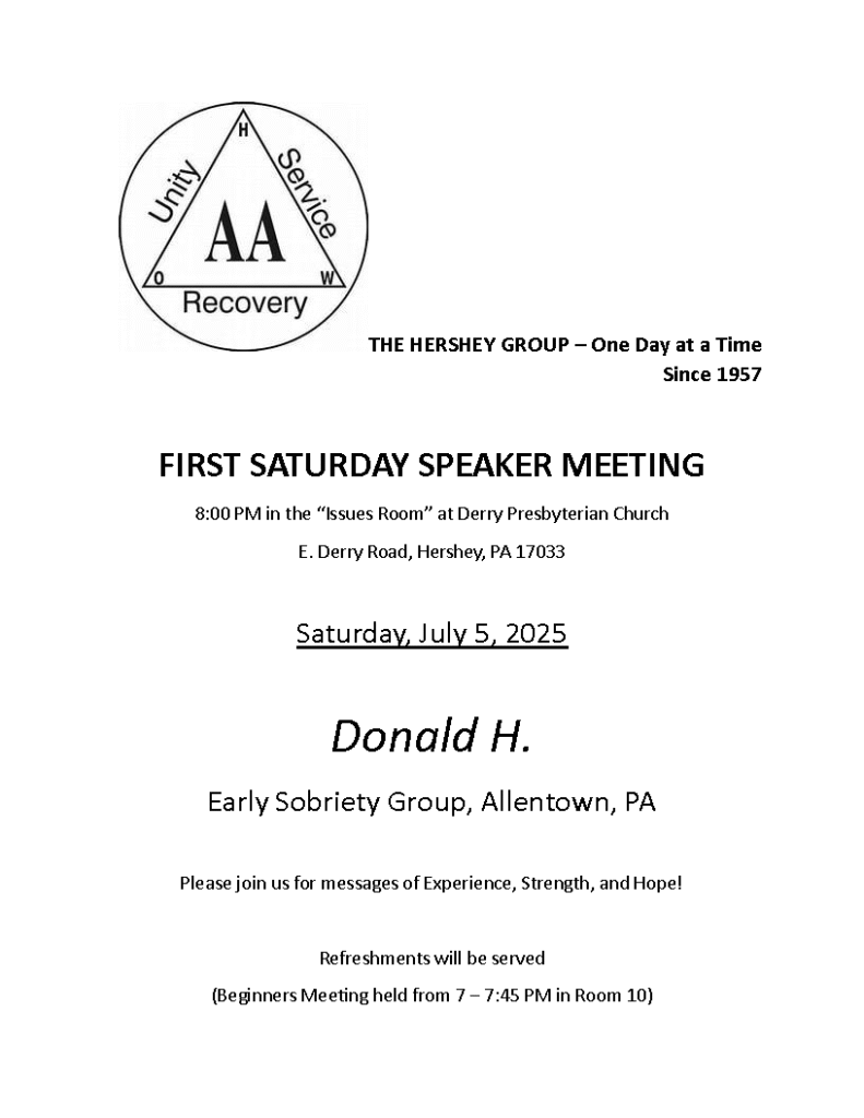 The Hershey Group First Saturday Speaker Meeting